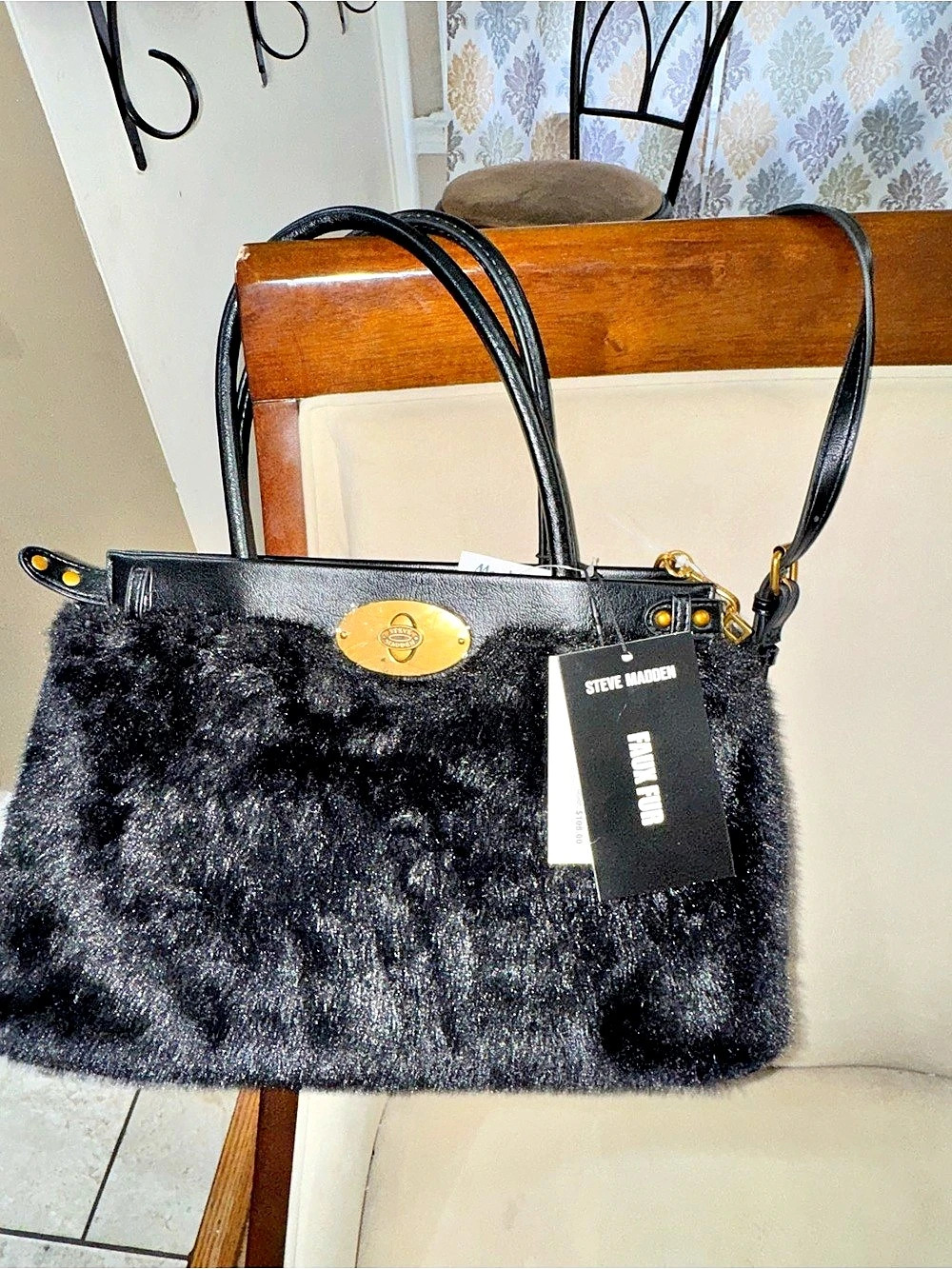 Steve Madden Bkelsie Black Faux Fur Tote NWT